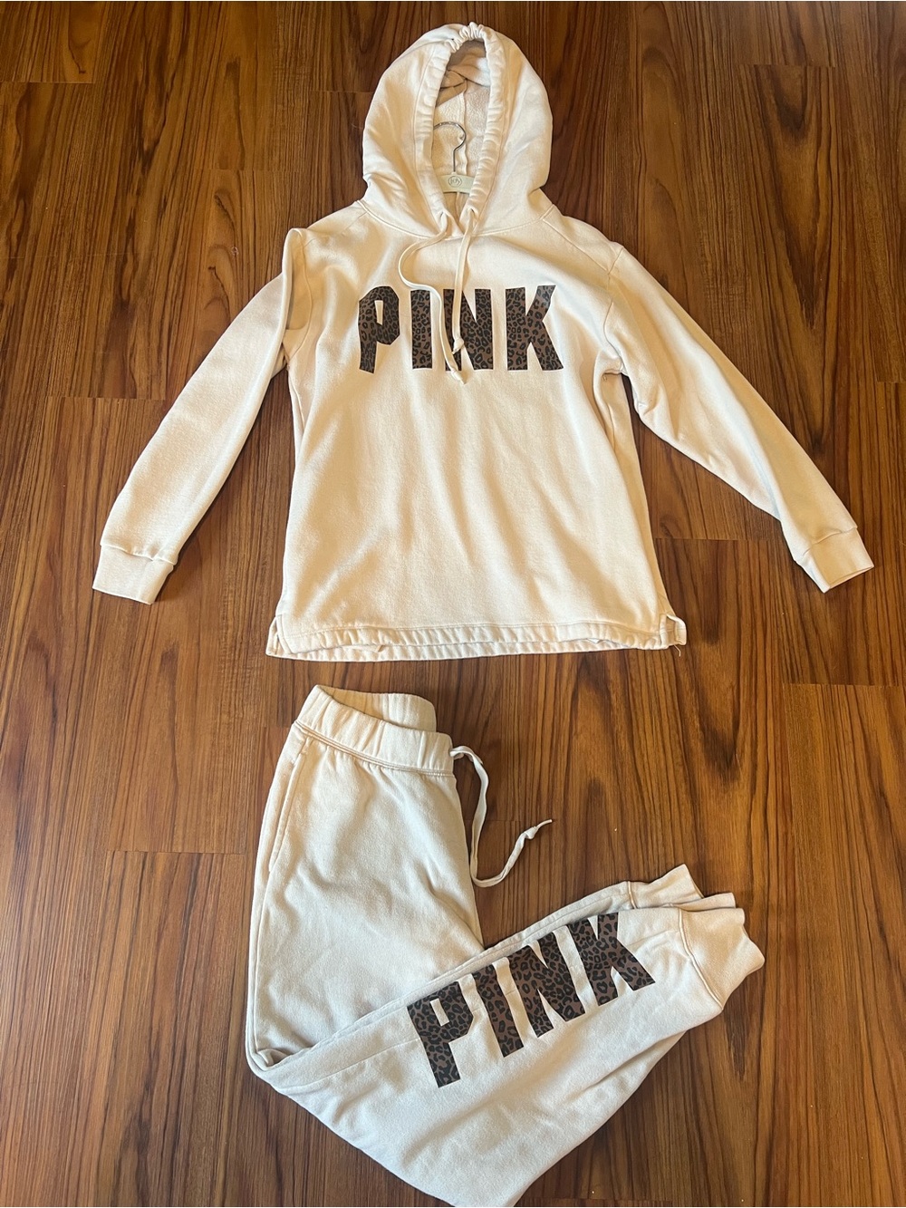 PINK Victoria's Secret Cream Hoodie and Jogger Set with Leopard Logo